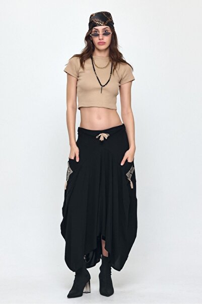 NUR TEKSTİL Kadın Siyah pamuklu  viskon  Beli Lastikli Cepler nakış işlemeli ...