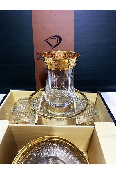DECOSTYLE Ajda Paşabahçe Decorated Gold Gilded Super Patterned Glass Plate 12 Piece Tea Set