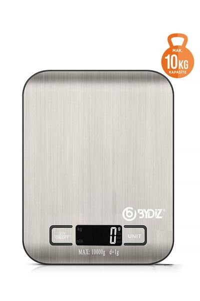 bydiz 10 Kg Hassas Mutfak Tartısı 1 Gr Hassasiyet Paslanmaz Çelik (PİL HEDİYELİ) BY-005