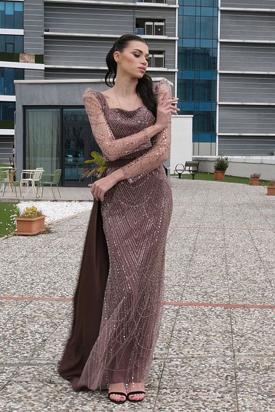 Feminist Bead Embroidered Tulle Sleeve Detailed Long Evening Dress Copper 9705463