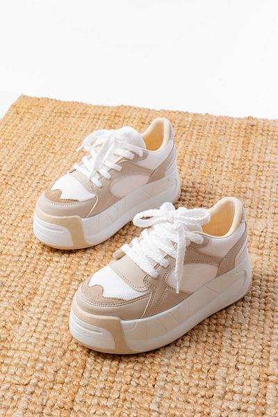 infon shoes creation Sp-190 Beige Garni Lace-Up Mesh High Sole Casual Sports Shoes