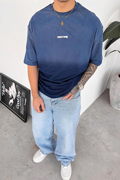 HAFKAGİYİM Синій відновлений батик, праний, оверсайз футболка