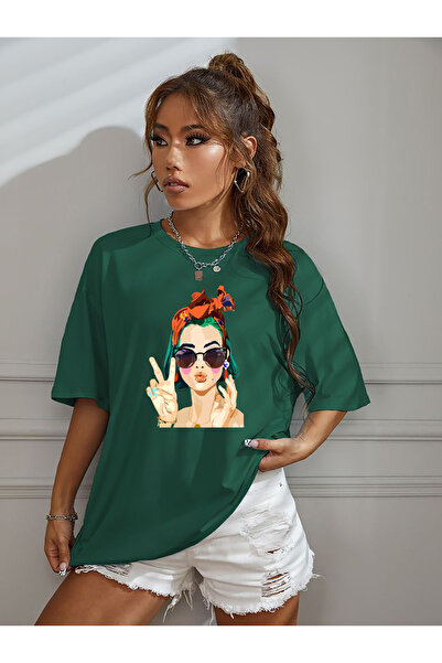 SUNFREE ПОПУЛЯРНА ТРЕНДОВА ОВЕРСАЙЗ ЗЕЛЕНА ЖІНОЧА ФУТБОЛКА З ПРИНТОМ