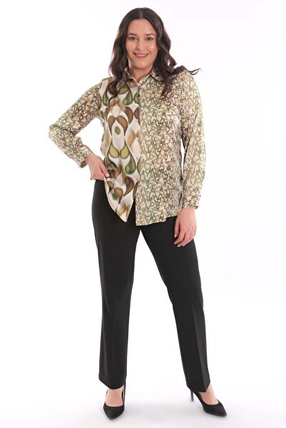 Metpoint Trend42plus Büyük Beden Damla Desen Dijital Baskılı Yeşil Gömlek