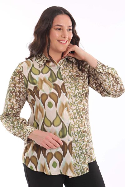 Metpoint Trend42plus Büyük Beden Damla Desen Dijital Baskılı Yeşil Gömlek