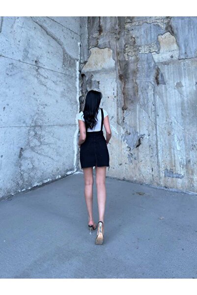 SHEVEGA Women's Black Cutted Kangaroo Pocket Skirt Gardener Jeans Jumpsuit