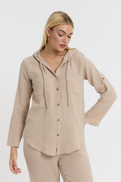 TCT TEKSTİL Kadın Gömlek - Müslin Kapüşonlu Gömlek - 1030