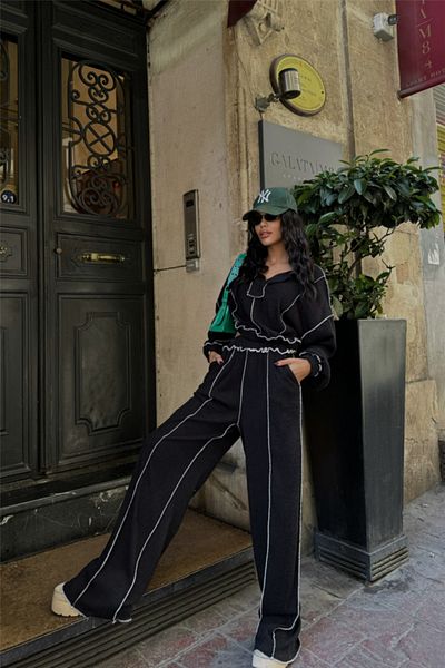 leyla sanat sanata yeni bir bakış açısı Leyla Sanat a New Perspective on Art Tie Belted Bluz Pant Suit Chenille Fabric - Black