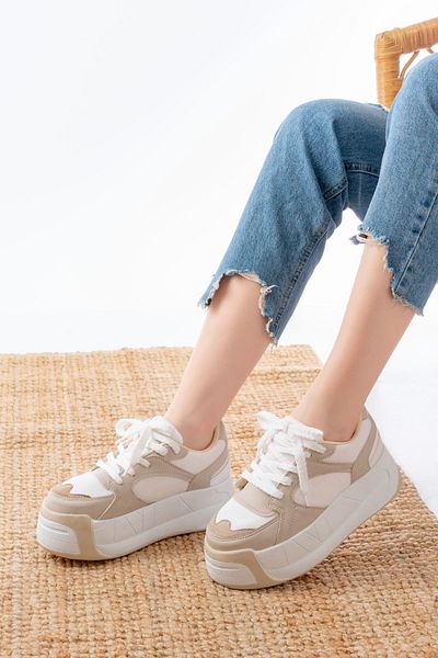 infon shoes creation Sp-190 Beige Garni Lace-Up Mesh High Sole Casual Sports Shoes