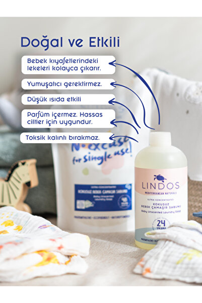 Lindos Doğal Bebek Çamaşır Deterjanı %100 Bitkisel Parfümsüz Antialerjik Baby 24 Yıkama 600ml