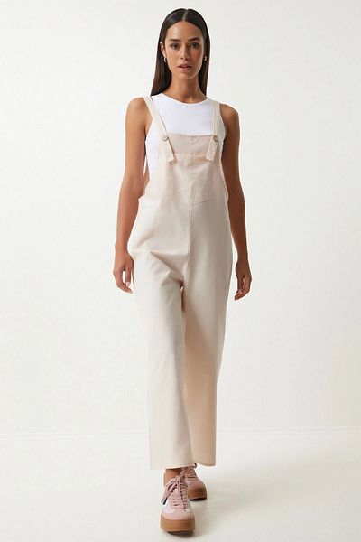 bacc Women's Light Beige Summer Gabardine Gardener Overalls with Front Pocket and Straps