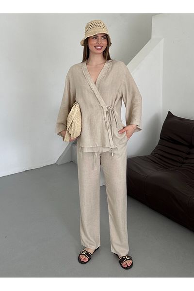 Laluvia Natürlicher, detaillierter Kimono-Anzug aus Leinenstoff mit seitlicher Bindung – 8373