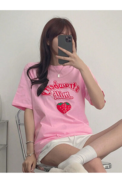 LAMASTRE Lapte de căpșuni roz pentru femei, imprimat tricou - Decolteu tip crew