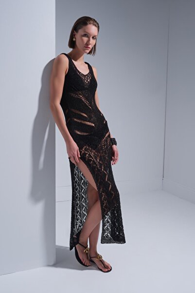 JOIN US Ajurlu Fonksiyonel Astarlı Siyah Midi Elbise