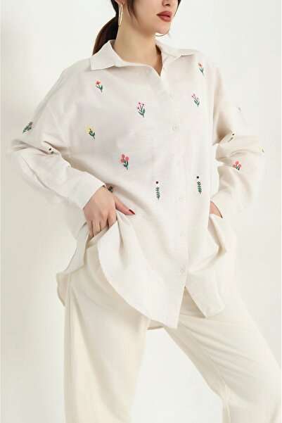 Lavanta Tekstil Çiçek Nakış İşlemeli Keten Gömlek Tunik