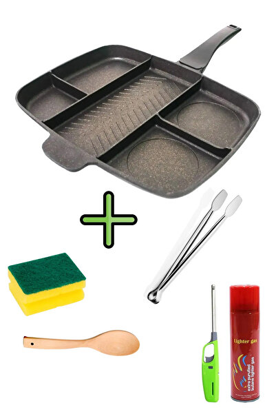 Camp Reyon 5 Gözlü Granit Döküm Tava 5 Bölmeli Kamp Tavası + Bulaşık Süngeri + Maşa+ Kaşık + Çakmak + Gaz