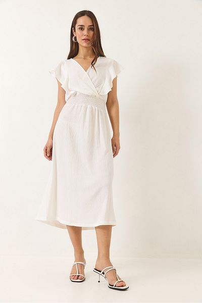 Bianco Lucci Women's V-Neck Waist Elastic Drawstring Detailed Wrapped Long Dress 60283116