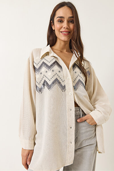 Bianco Lucci Women's Stone Embroidered Oversize Linen Shirt 6231 60283111