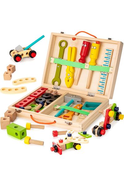 AWH Tool Kit for Kids, 34pcs Wooden Tools, DIY STEM Construction Toy Set for Toddlers Boys/Girls