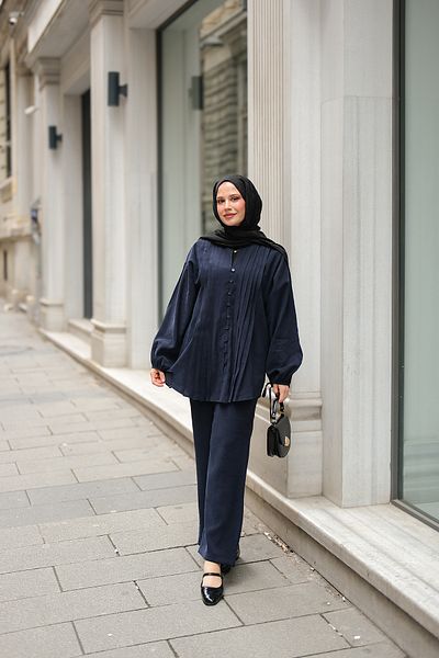 LOCCO Women's Ornamental Stitched Gathered Suit Navy Blue