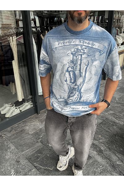 BYBASICMAN Blue Washed Digital Printed Oversize T-Shirt Yp-5059