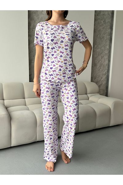 pijamania Patterned Corded Cotton Bow Detailed Short Sleeve Pajama Set