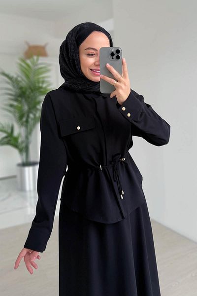 Ka Hijab Pocket Detail Skirt Suit - Black