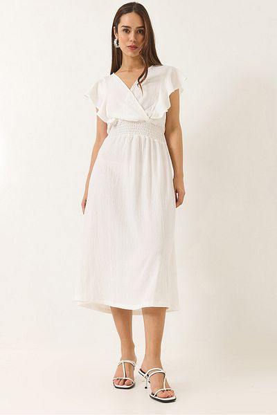 Bianco Lucci Women's V-Neck Waist Elastic Drawstring Detailed Wrapped Long Dress 60283116