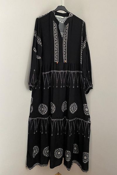 AYASOFYA OTANTIK Women's Black Ethnic Patterned Balloon Sleeve Loose Long Dress with Judge Collar