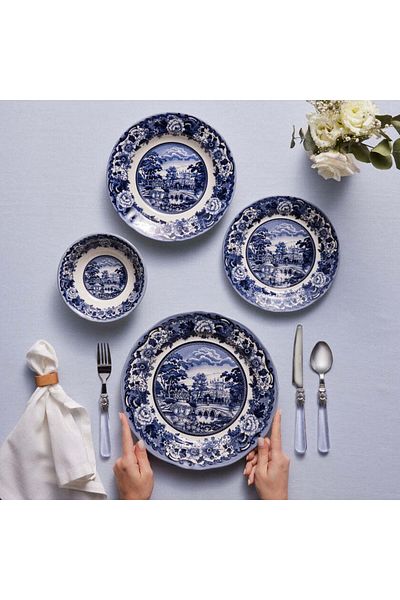 Karaca Karaca Old Town 24-Piece Stoneware Dinner Set for 6 People, Blue
