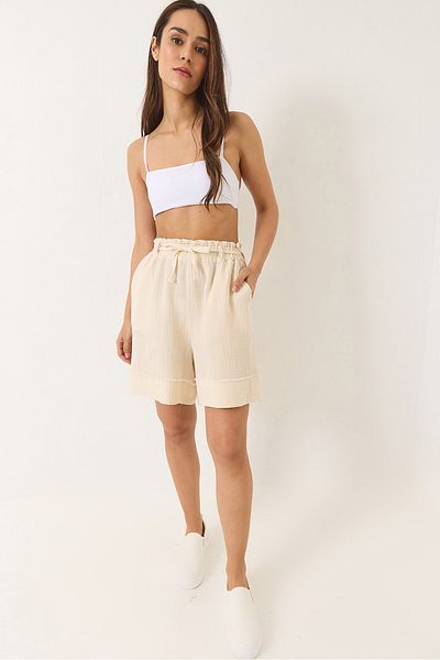 Bianco Lucci Damen-Shorts aus doppeltem Musselin mit elastischem Bund und Taschendetail 5020 60283119