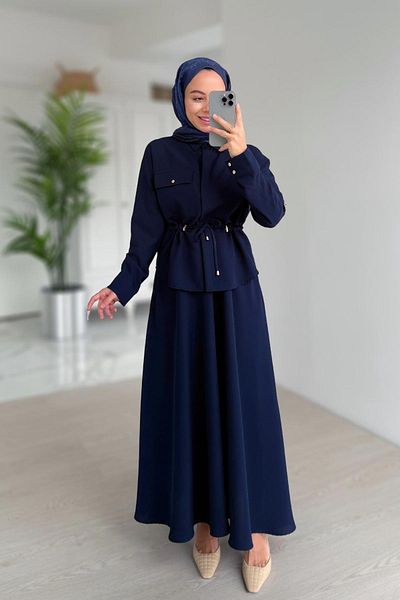 Ka Hijab Navy Blue Pocket Detail Skirt Suit