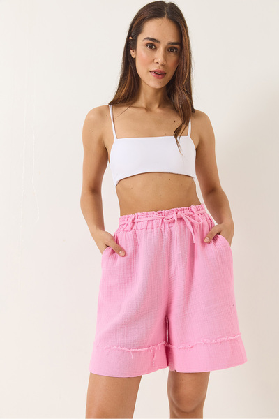 Bianco Lucci Women's Elastic Waist Pocket Detailed Double Muslin Shorts 5020 60283119