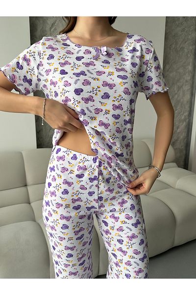 pijamania Patterned Corded Cotton Bow Detailed Short Sleeve Pajama Set