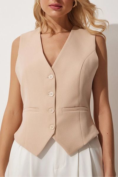 Stil Sepeti Women's Beige V-Neck Lined Body Fitted Vest Tl- 100060064