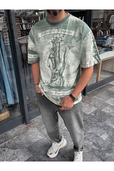 BYBASICMAN Khaki Washed Digital Printed Oversize T-Shirt Yp-5059