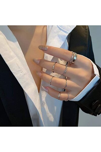 Ervalina 8'lı Burgulu Yüzük ve Eklem Yüzük Seti Gümüş Rengi