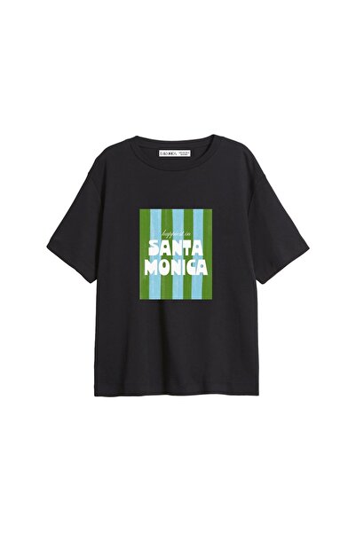 Bak Moda Santa Monica Štampano opuštena crna ženska majica