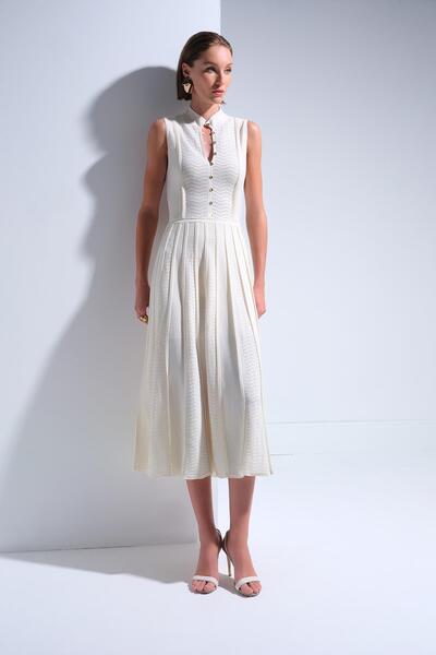 JOIN US Hakim Yaka Gold Düğme Detaylı Ekru Midi Elbise