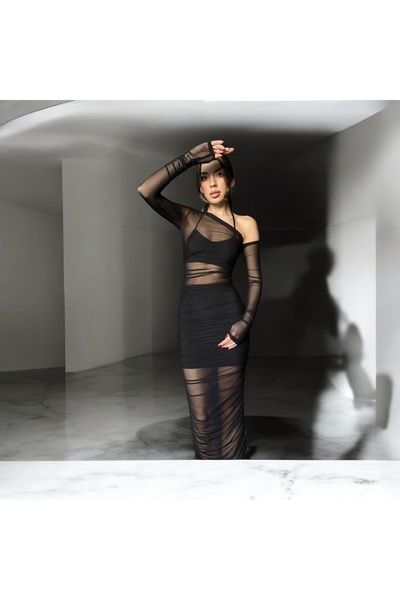 Tuğçe Saray siyah tül elbise, 3 parça elbise, davet, koktely, düğün elbisesi, transparan elbise