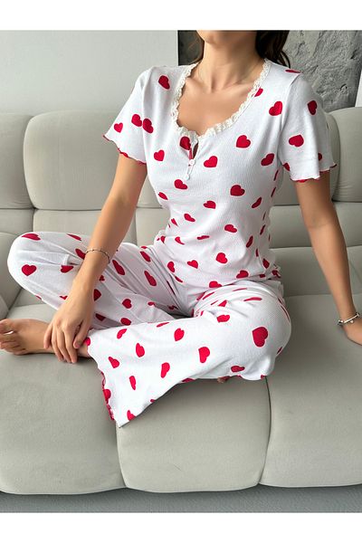 pijamania Patterned Corded Cotton Lace Detailed Short Sleeve Pajama Set