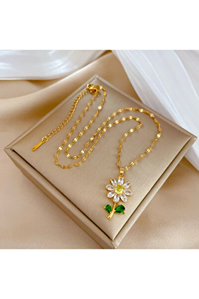 CAXBERN Kadın 316l Paslanmaz Çelik Zirkon Taşlı Işıltılı Papatya Kolye