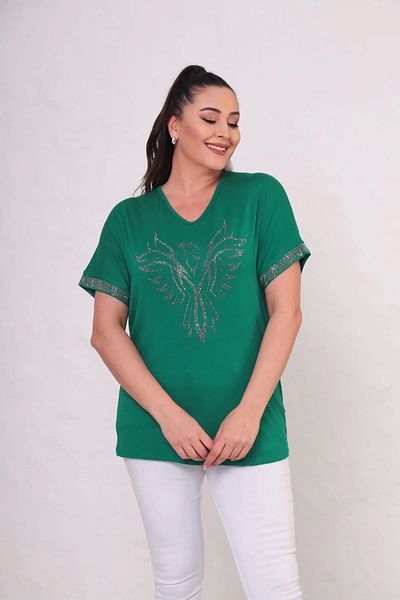 Bİ.GİYSEN Women's Green Large Size Front and Sleeve Crystal Stone Printed Lycra Short Sleeve Blouse