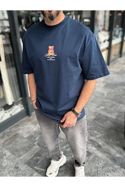 BYBASICMAN Navy Blue Neon Bear Embossed Oversize T-Shirt Yp-5052