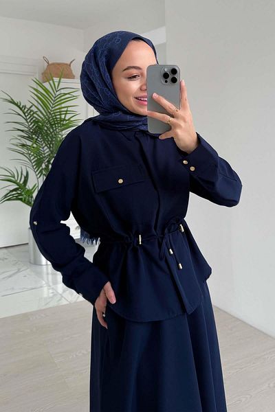 Ka Hijab Navy Blue Pocket Detail Skirt Suit