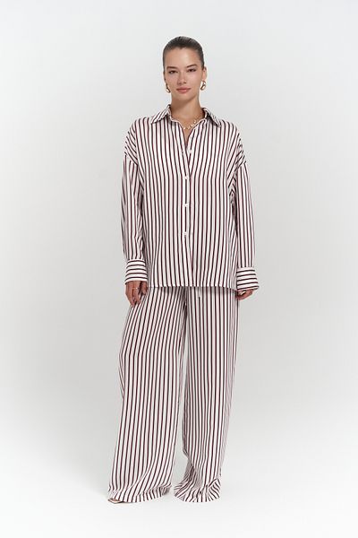 MAİ COLLECTİON Beatrix Burgundy Striped Ecru Shirt Pants Set