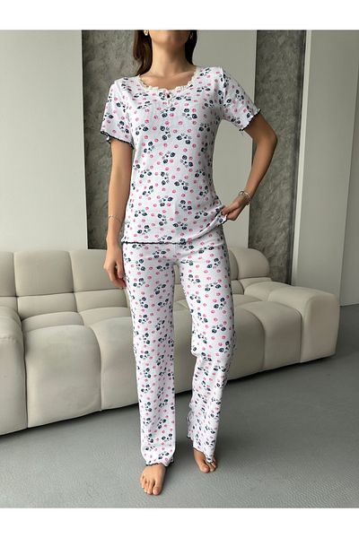 pijamania Patterned Corded Cotton Lace Detailed Short Sleeve Pajama Set