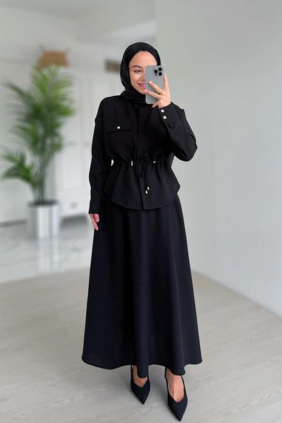 Ka Hijab Pocket Detail Skirt Suit - Black