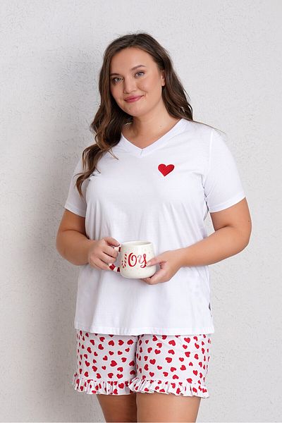 Büyük Moda Heart Embroidered Cotton Shorts Suit
