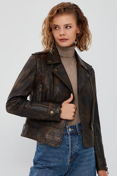 Derimod New York Brown Vintage Women's Biker Leather Jacket - 23wgd5128ry